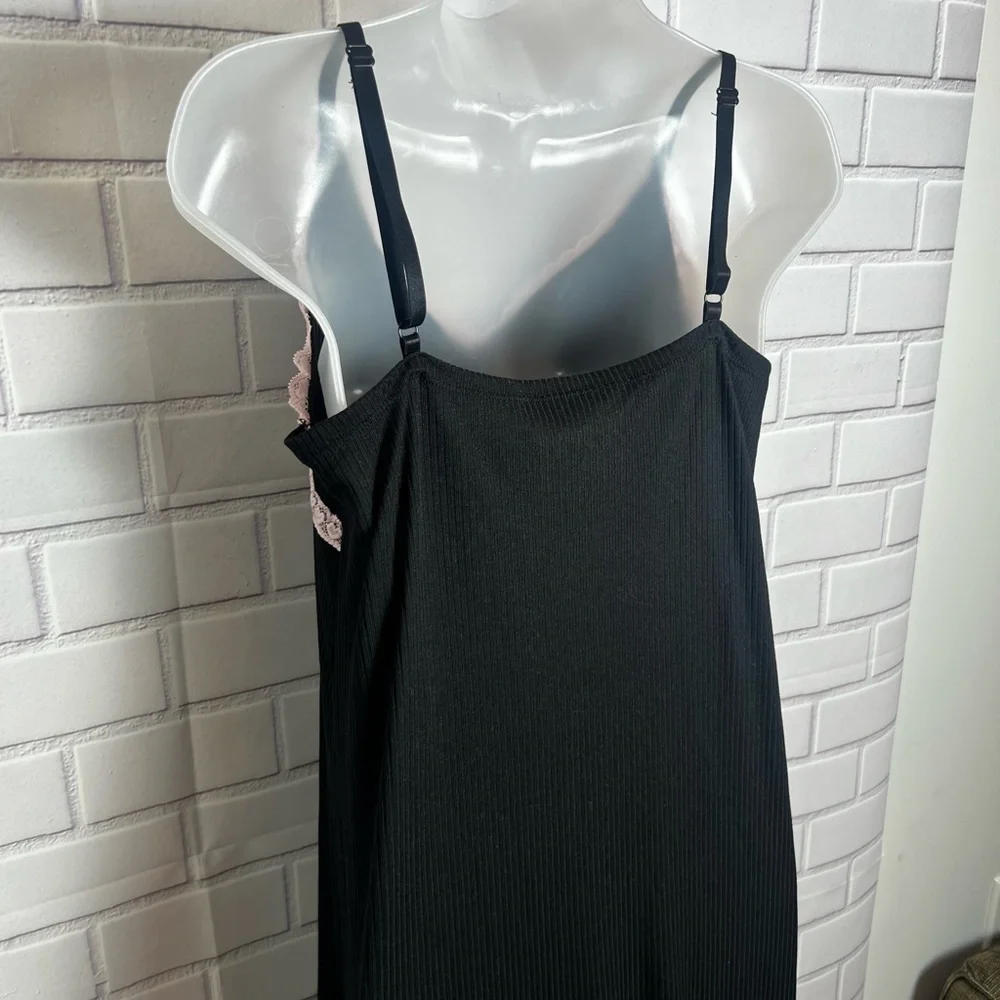 Spoiled Angel Y2K Inspired Black Ribbed Pink Lace Trim Cami Sleep Dress Nightgow